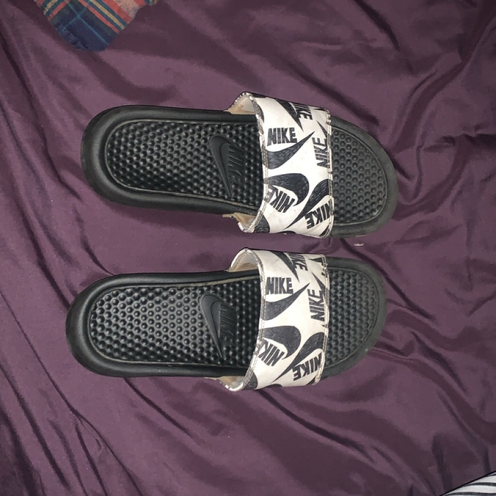 Nike Women's Black and White Logo Slide Sandals